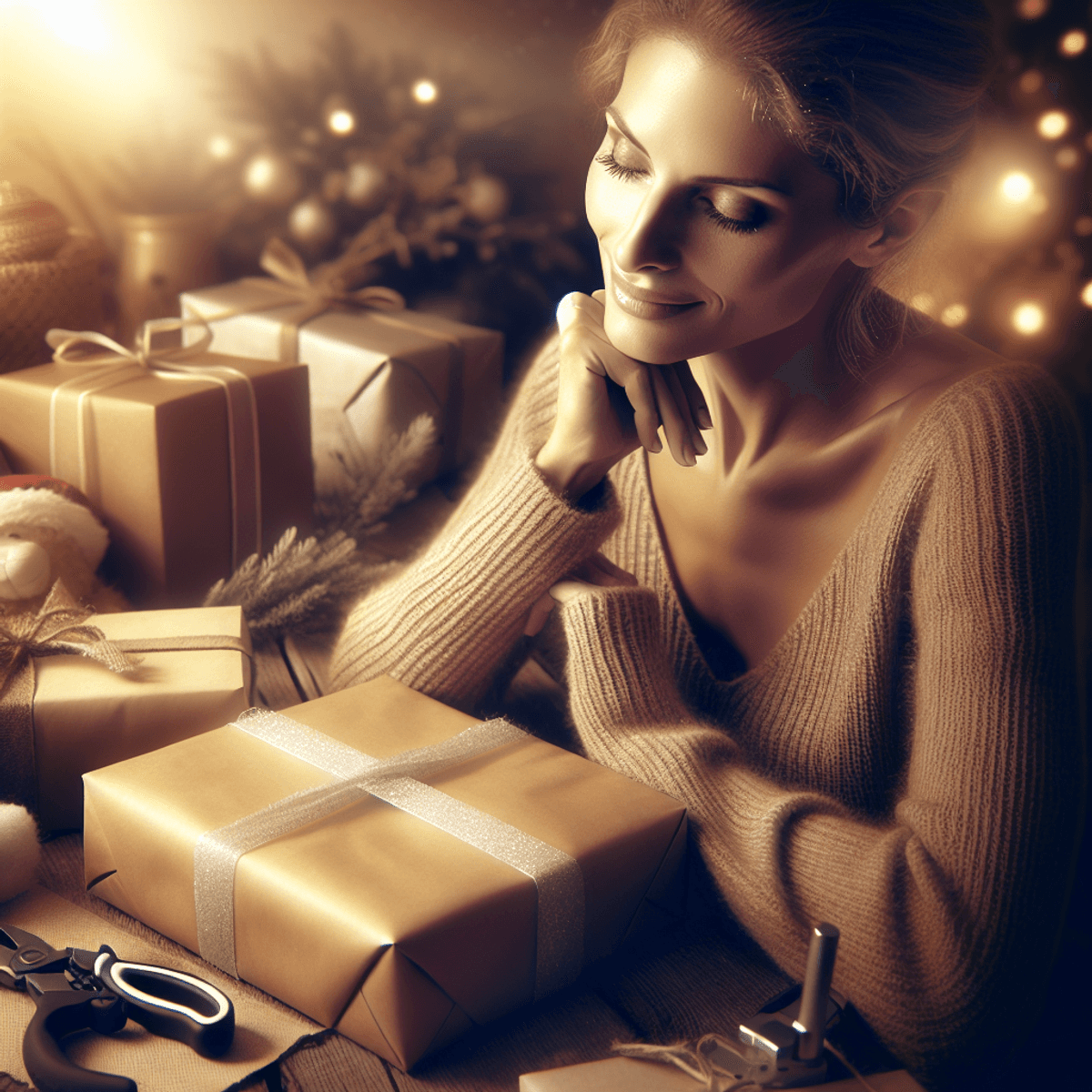Una mujer caucásica reflexiva sonríe suavemente mientras envuelve cuidadosamente un regalo, rodeada de un ambiente cálido y acogedor lleno de sutiles