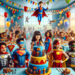 Una escena de fiesta de cumpleaños animada que presenta a una niña hispana con una brillante capa de superhéroe, a un niño asiático que finge volar co