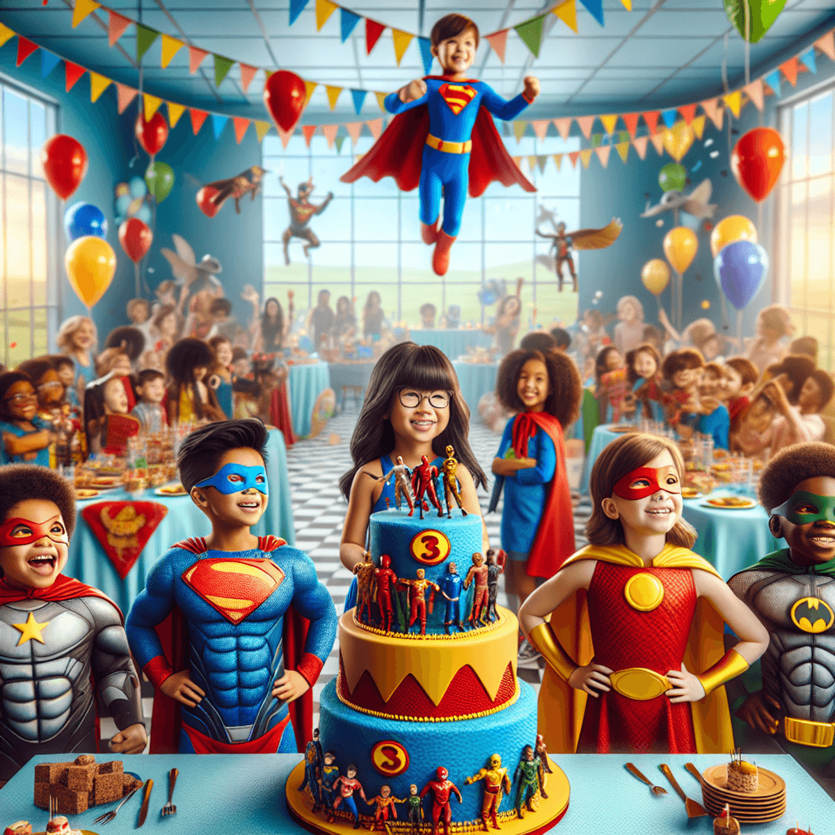 An animated birthday party scene featuring a Hispanic girl in a glittery superhero cape, an Asian boy pretending to fly with a superhero, an Asian boy pretending to fly with a superhero cape, an Asian boy pretending to fly with a superhero, an Asian boy pretending to fly with a