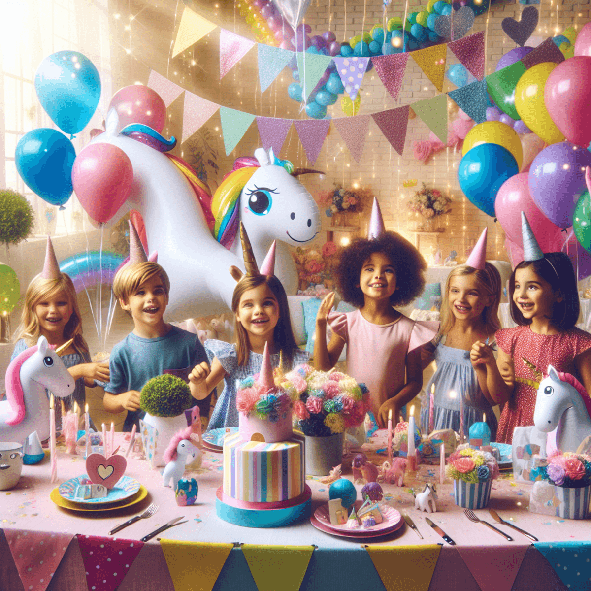A vibrant birthday party scene with multicolored unicorn themed decorations, including balloons and banners. A diverse group of