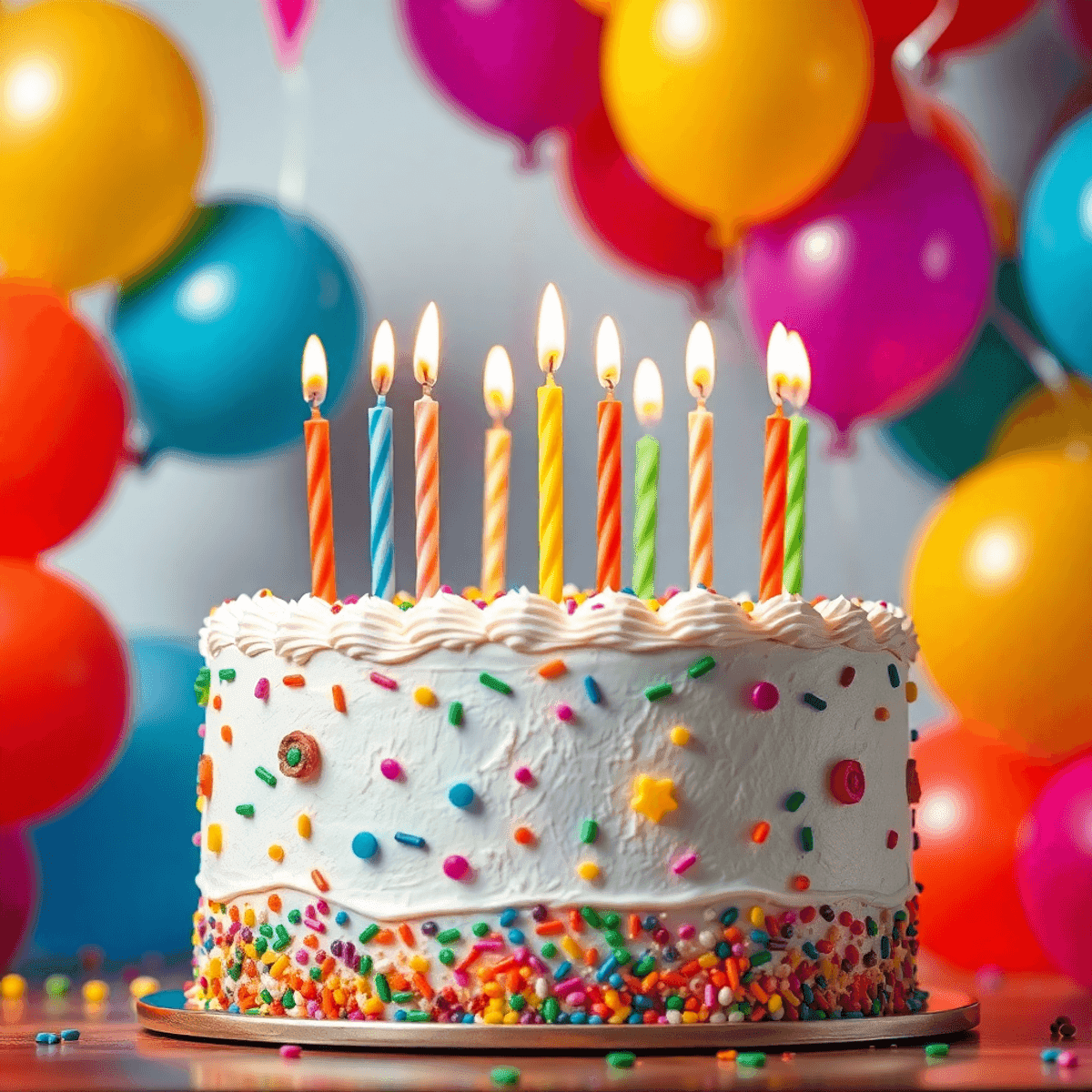 A beautifully decorated birthday cake with colorful candles sits in the center, surrounded by vibrant balloons, creating a cheerful and festive atmosphere.