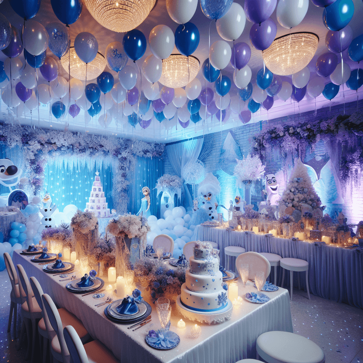 A digital artwork of a Frozen themed birthday party, with colorful decorations and balloons, symbolizing the festive atmosphere.